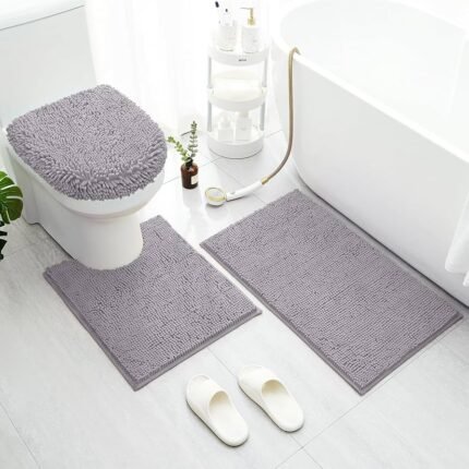 3Pcs Bathroom Set Bath Mat RUG Contour and Toilet Lid Cover with Rubber Backing